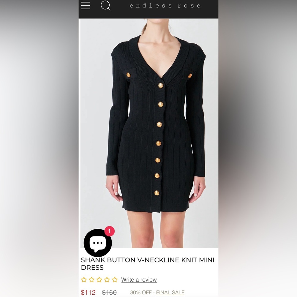 Endless Rose SHANK BUTTON V-NECKLINE KNIT MINI DRESS - Picture 2 of 7